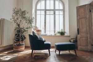 Elegant living room with modern comfortable chair and pouf photo