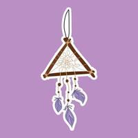 Wooden triangle dreamcatcher with purple feathers sticker. Esoteric and mystical design element. vector