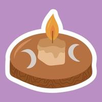 Burning out candle on wooden candlestick sticker. Esoteric and mystical design element. vector