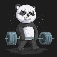 panda de levantamiento de pesas dibujado a mano, panda luchando practicando peso muerto con una barra de gran peso vector