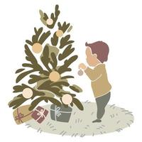 niño pequeño decora el árbol de navidad, dibujo de ilustración abstracta vectorial en estilo plano simple. bebé con árbol de navidad y regalos. concepto de vacaciones de invierno vector