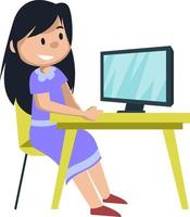 Girl watching on monitor, illustration, vector on white background.