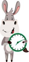 Donkey with clock, illustration, vector on white background.