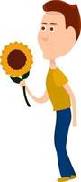Boy with sunflower , illustration, vector on white background