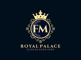 Letter FM Antique royal luxury victorian logo with ornamental frame. vector