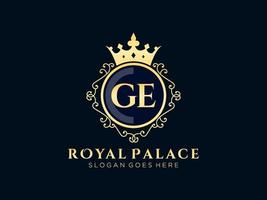 Letter GE Antique royal luxury victorian logo with ornamental frame. vector