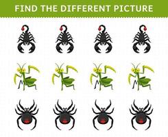 Education game for children find the different picture in each row of cute cartoon scorpion mantis spider printable bug worksheet vector