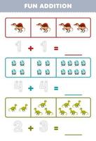 Education game for children fun addition by counting and tracing the number of cute cartoon dinosaur and egg printable prehistoric dinosaur worksheet vector