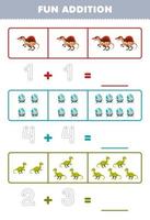 Education game for children fun addition by counting and tracing the number of cute cartoon dinosaur and egg printable prehistoric dinosaur worksheet vector