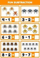 Education game for children fun subtraction by counting and eliminating cute cartoon spider printable bug worksheet vector