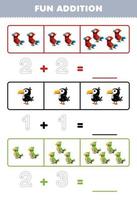 Education game for children fun addition by counting and tracing the number of cute cartoon parrot toucan parakeet printable animal worksheet vector