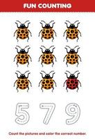 Education game for children count the pictures and color the correct number from cute cartoon ladybug printable bug worksheet vector