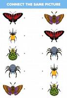 juego educativo para niños conecte la misma imagen de la hoja de trabajo de error imprimible de mariposa escarabajo mariquita araña polilla de dibujos animados lindo vector