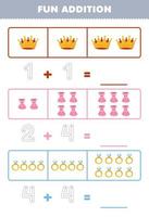 Education game for children fun addition by counting and tracing the number of cute cartoon crown dress ring printable wearable clothes worksheet vector