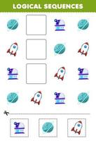 Education game for children logical sequences for kids with cute cartoon uranus planet planetarium rocket printable solar system worksheet vector