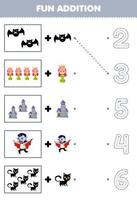 Education game for children fun counting and add one more cute cartoon dracula set then choose the correct number by tracing the line halloween worksheet vector