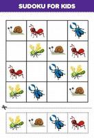 Education game for children sudoku for kids with cute cartoon dragonfly snail beetle ant printable bug worksheet vector