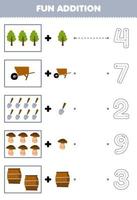 Education game for children fun addition of cartoon tree wheelbarrow shovel mushroom barrel then choose the correct number by tracing the line farm worksheet vector