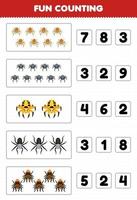 divertido juego educativo para niños contando y eligiendo el número correcto de hoja de trabajo de error imprimible de araña de dibujos animados lindo vector