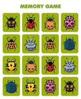 Education game for children memory to find similar pictures of cute cartoon ladybug printable bug worksheet vector