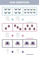 Education game for children fun addition by counting and tracing the number of cute cartoon butterfly ladybug spider printable bug worksheet vector