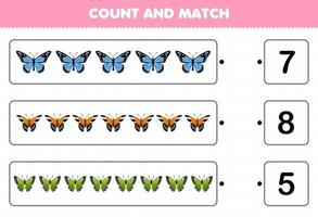 Education game for children count the number of cute cartoon butterfly and match with the right numbers printable bug worksheet vector