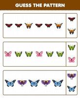 Education game for children guess the pattern each row from cute cartoon butterfly printable bug worksheet vector