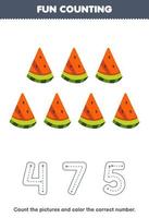 Education game for children count the pictures and color the correct number from cute cartoon watermelon printable fruit worksheet vector