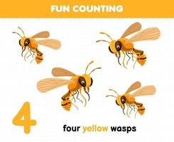 Education game for children fun counting four yellow wasps printable bug worksheet vector