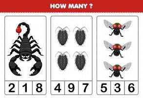 Education game for children counting how many cute cartoon scorpion louse fly printable bug worksheet vector