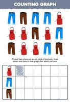 Education game for children count how many cute cartoon jean trouser and apron then color the box in the graph printable wearable clothes worksheet vector