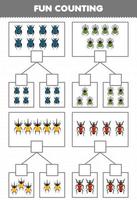 juego educativo para niños diversión contando imágenes en cada caja de hoja de trabajo de error imprimible de escarabajo de dibujos animados lindo vector