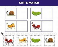 Education game for children cut and match the same picture of cute cartoon snail caterpillar grasshopper ant printable bug worksheet