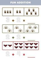 Education game for children fun addition by counting and tracing the number of cute cartoon beetle dragonfly butterfly printable bug worksheet vector