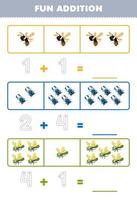 Education game for children fun addition by counting and tracing the number of cute cartoon bee beetle dragonfly printable bug worksheet vector