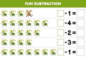 Education game for children fun subtraction by counting cute cartoon mantis in each row and eliminating it printable bug worksheet vector