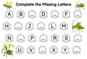 Education game for complete the missing letters with cute cartoon dragonfly aphid grasshopper mantis picture printable bug worksheet vector