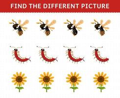 Education game for children find the different picture in each row of cute cartoon bee centipede sunflower printable bug worksheet vector