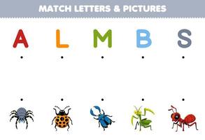 Education game for children match letters and pictures of cute cartoon spider ladybug beetle mantis ant printable bug worksheet vector