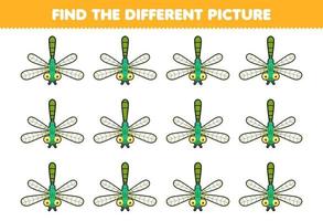 Education game for children find the different picture of cute cartoon dragonfly printable bug worksheet vector