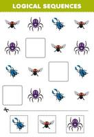 juego educativo para niños secuencias lógicas para niños con dibujos animados lindo escarabajo mosca araña hoja de trabajo de error imprimible vector