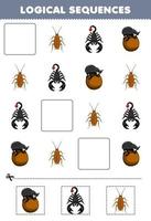 juego educativo para niños secuencias lógicas para niños con dibujos animados lindo escarabajo escorpión cucaracha hoja de trabajo de error imprimible vector