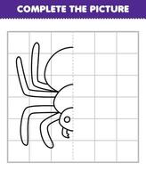 Education game for children complete the picture of cute cartoon spider half outline for drawing printable bug worksheet vector