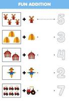 Education game for children fun addition of cartoon windmill haystack barn scarecrow tractor then choose the correct number by tracing the line farm worksheet vector