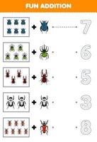 Education game for children fun addition of cute cartoon beetle then choose the correct number by tracing the line bug worksheet vector