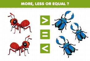 juego educativo para niños más menos o igual cuenta la cantidad de dibujos animados lindo hormiga y escarabajo ciervo hoja de trabajo de error imprimible vector