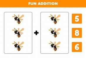 juego de educación para niños diversión adición por conteo y elija la respuesta correcta de la hoja de trabajo de error imprimible de abeja de dibujos animados lindo avispa vector