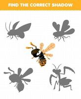 Education game for children find the correct shadow set of cute cartoon bee printable bug worksheet vector