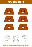 Education game for children count the pictures and color the correct number from cute cartoon trapezoid printable geometric shape worksheet vector