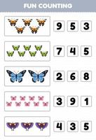 divertido juego educativo para niños contando y eligiendo el número correcto de hoja de trabajo de error imprimible de mariposa de dibujos animados lindo vector